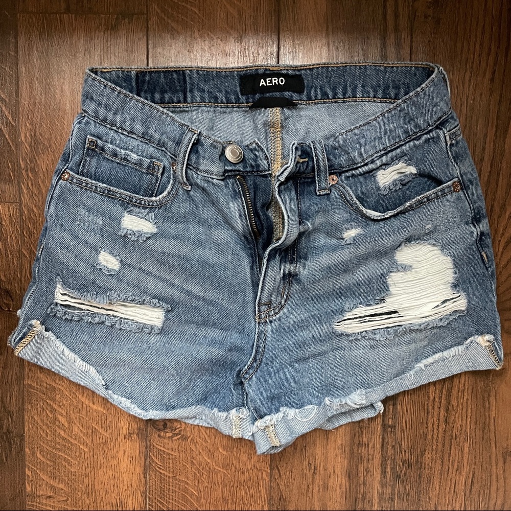 Aero Distressed High Rise Mom Shorts